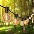 Outdoor globe string lights with warm white Edison bulbs strung across a patio